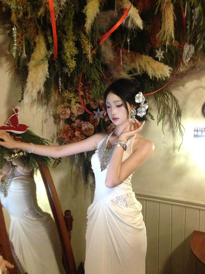 French Diamond Halterneck Dress – Elegant Luxury Dinner Gown