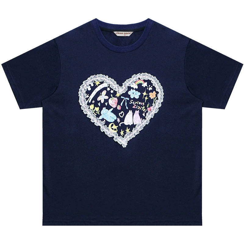 Love Graffiti Printed T-shirt | Loose Round Neck Retro Design for Summer