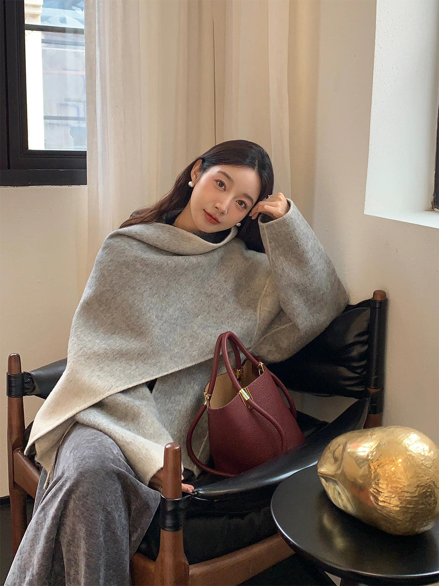 Gradient Cashmere Coat – Hepburn-Style Woolen Scarf Cape