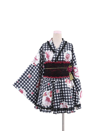 Kumano Studio Strawberry Plaid Yukata Set (3-Piece)