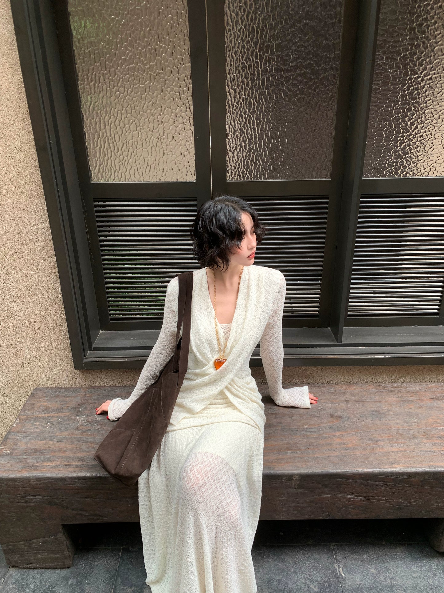 French Retro Lace Cross-Neck Top & High-Waisted Skirt Set – Autumn Style