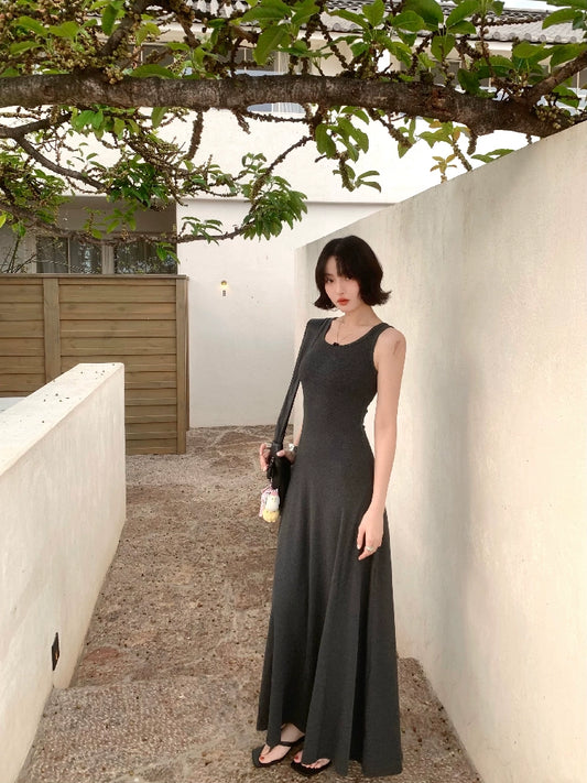 French Vintage Sleeveless Sundress – Belted Slim Fit Maxi