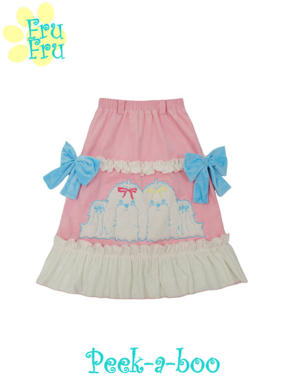 Pink Corduroy Lace Midi Skirt | Puppy Print Vintage Skirt