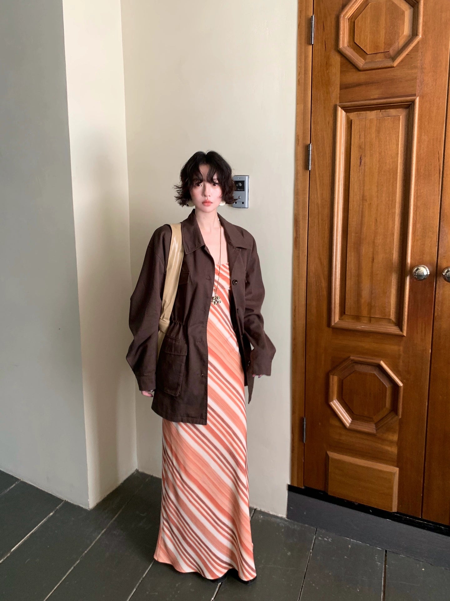 Orange Trace Draped Stripe Slip Dress – French Retro Layered Long Dress