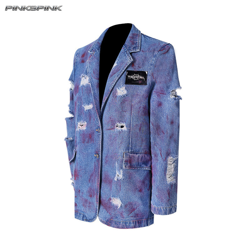 Distressed Shoulder-Padded Genderless Wasteland Denim Jacket