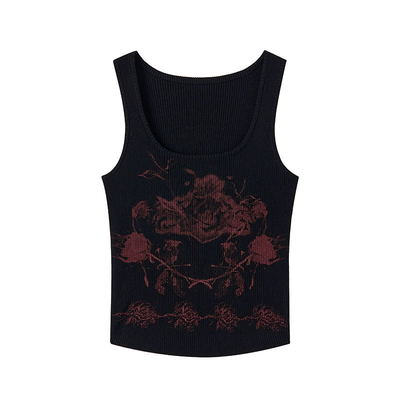 Vintage Rose Print Elastic Knitted Tank Top