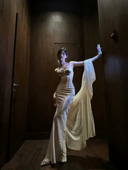 Celebrity Bandeau Dress – Luxe Herringbone Hip-Wrap Party Gown