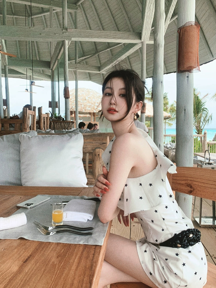 [Tipsy Star Ice Music] White Sloping Shoulder Backless Summer Dress