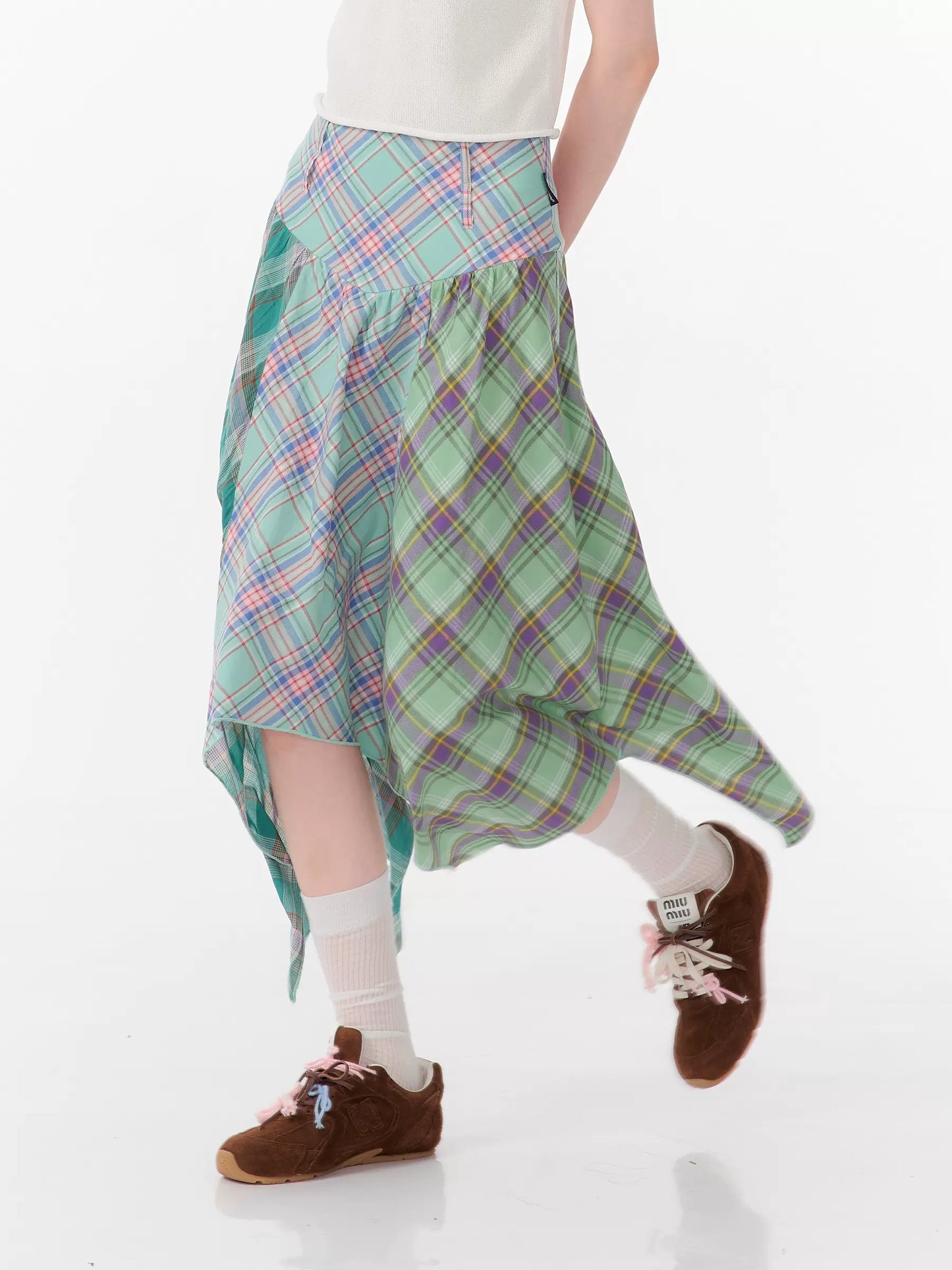 Green Checkered Skirt | Irregular High Waist Slim Fit Design for Summer