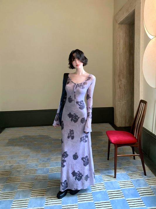 Autumn Ivy & Apricot Linen Mesh Print Long Dress – Hong Kong Retro 2025 Autumn