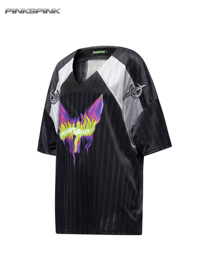Electric Moon Flame Cat Graphic Jersey – Y2K Rock Streetwear Top