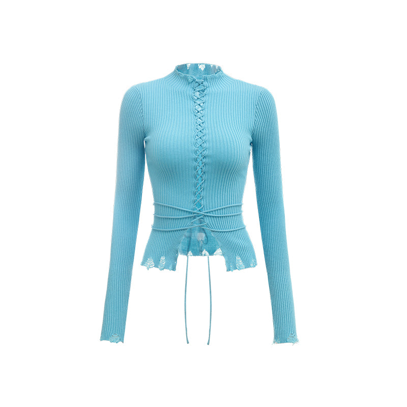 Cut-Out Strappy Turtleneck Base Layer – Slim Long Sleeve Top