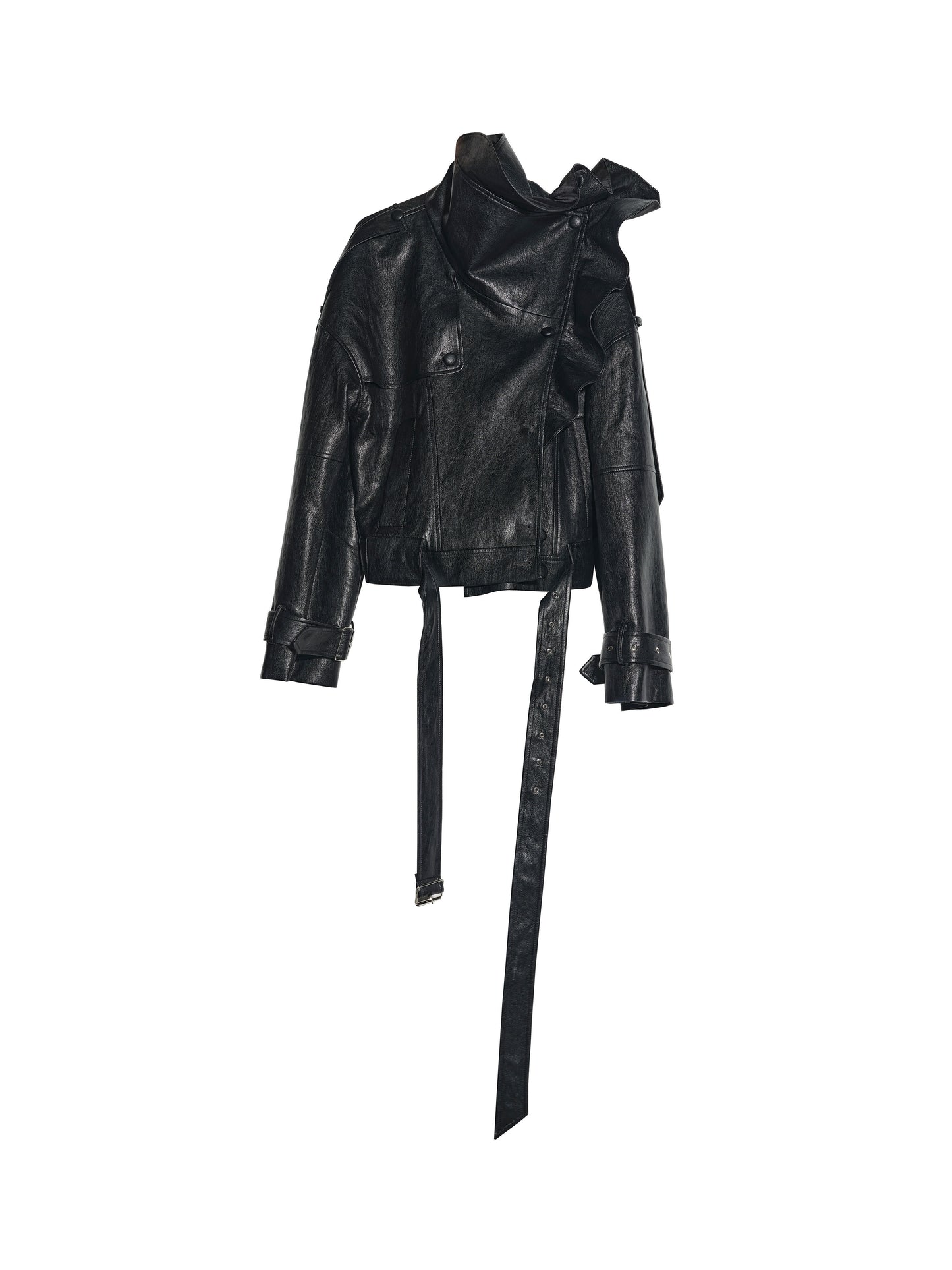 Ruffle Collar Faux Leather Jacket | Chic PU Moto Jacket
