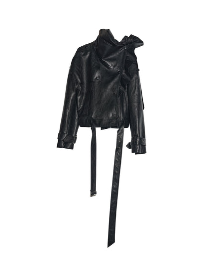 Ruffle Collar Faux Leather Jacket | Chic PU Moto Jacket
