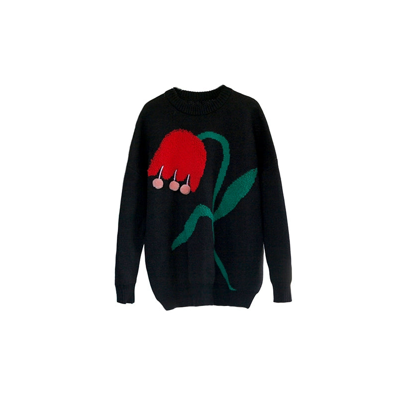 Original Design Red Flower with Green Leaf Thickened Heavy Industry Pomegranate Flower 3D Wool Ball Round Neck Sweater