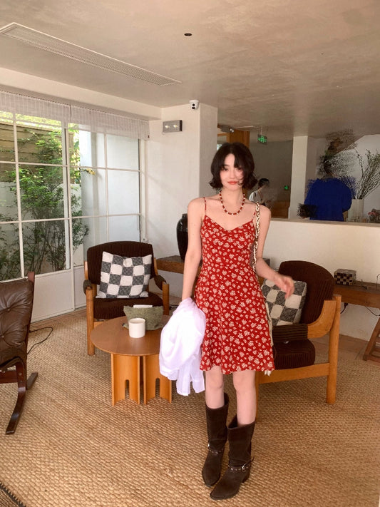 [Vermilion Cherry] French Floral Suspender Mini Dress