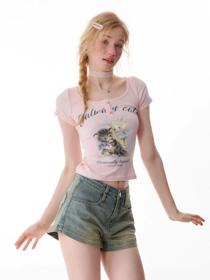 Cat Print Slim Fit T-shirt | Half Sleeve Retro Design for Summer