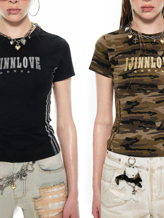 Distressed Crewneck Striped T-Shirt – Vintage Washed Slim Fit Short Sleeve