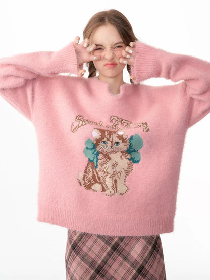 Pink Cat Sweater | Warm Soft Lazy Style for Autumn/Winter