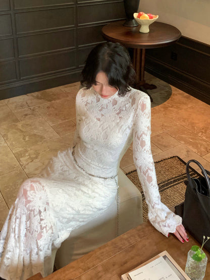 Moonlight Gauze High-Neck Elegant Lace Maxi Dress – French Retro Autumn