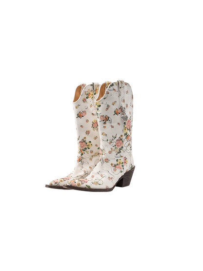 Classic V-Cut Floral Embroidered Mid-Calf Knight Boots