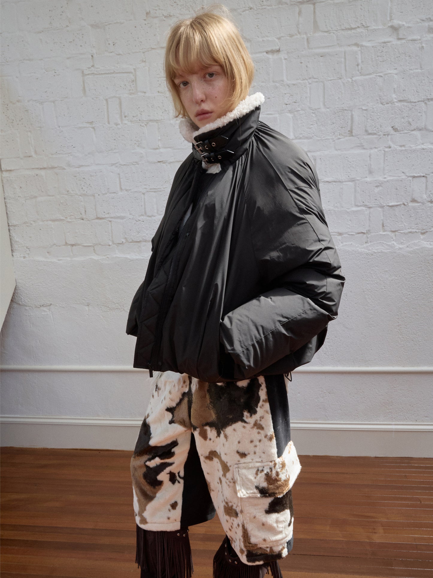 Belted Faux Shearling Puffer Jacket