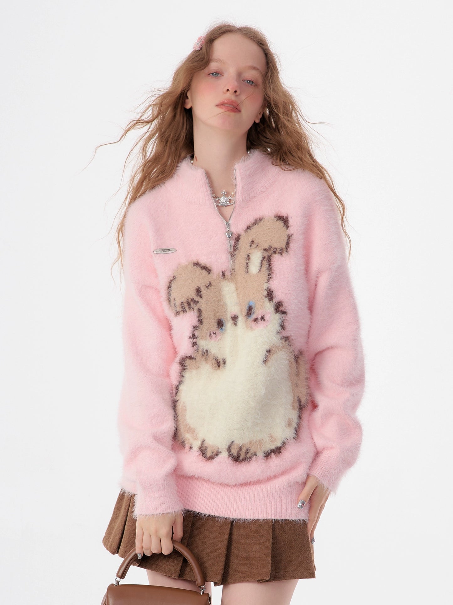 Pink Rabbit Plush Sweater | Half Zipper Velvet Retro Design for Autumn/Winter