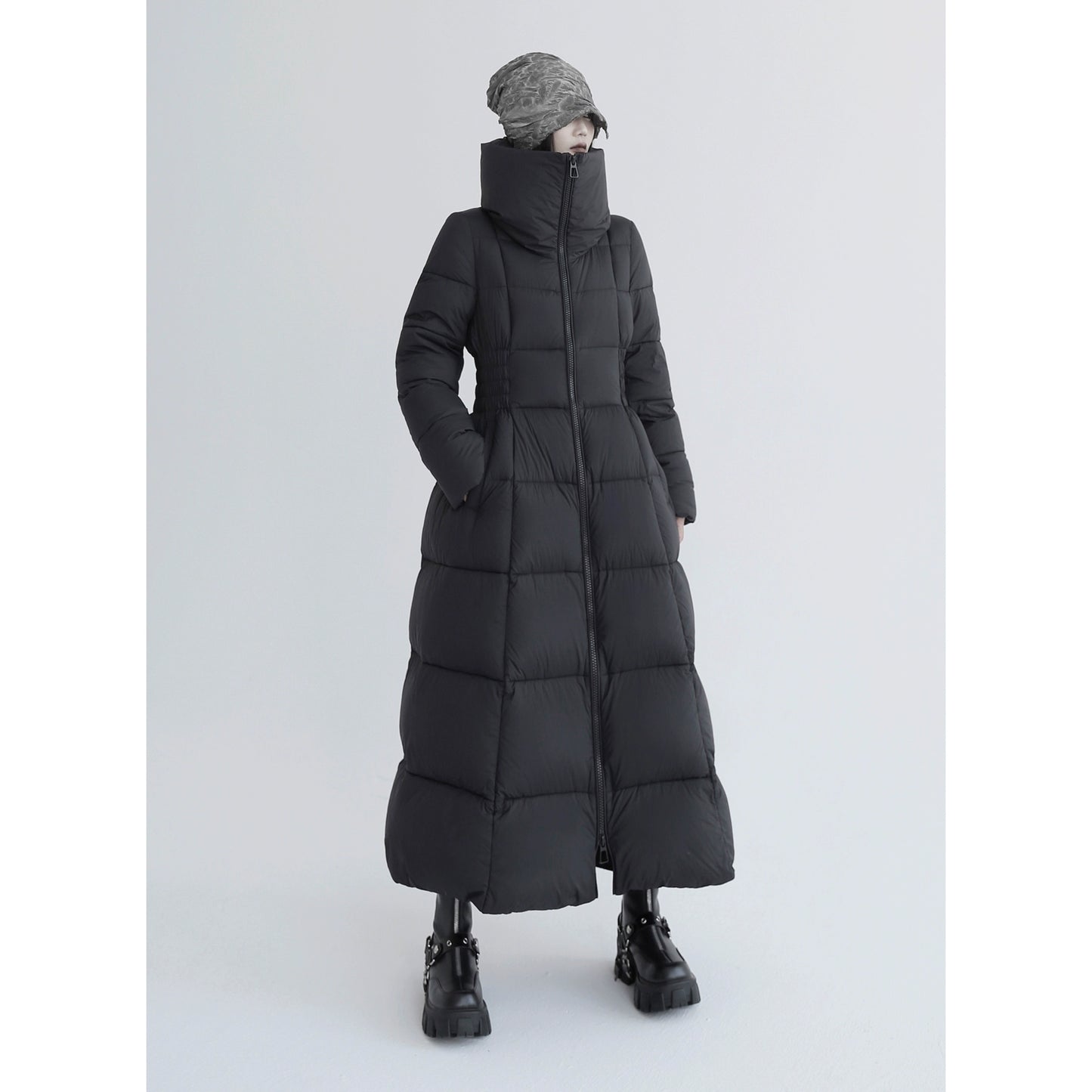 Over-The-Knee White Goose Down Jacket with Waist Design