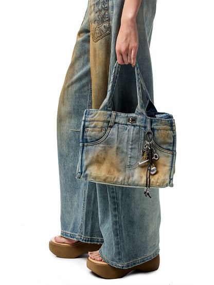 Vintage Distressed Embroidered Denim Tote Bag – Premium Shoulder Bag