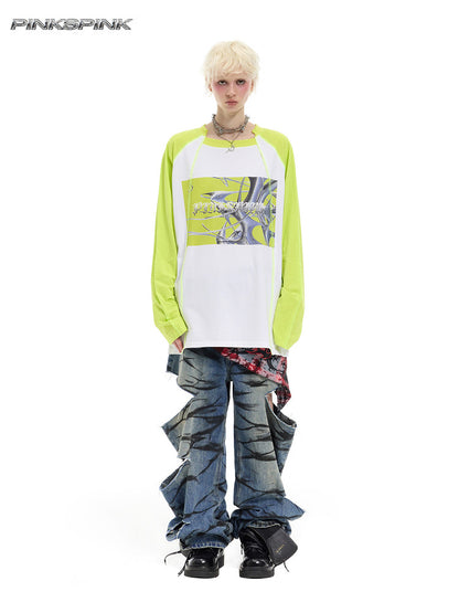 Layered Distressed Graffiti Low-Rise Unisex Y3K Jeans