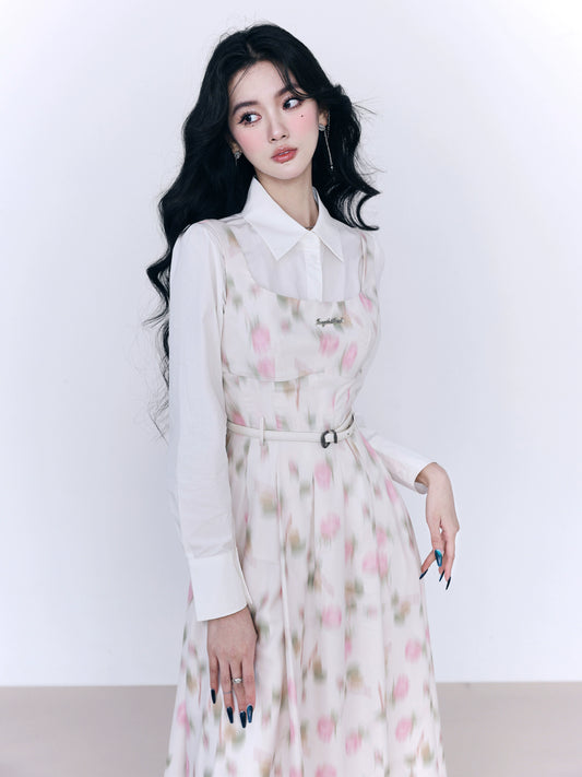 White Peach Rose Floral Lace Strap Dress