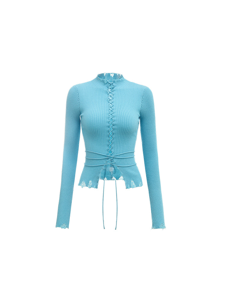 Cut-Out Strappy Turtleneck Base Layer – Slim Long Sleeve Top