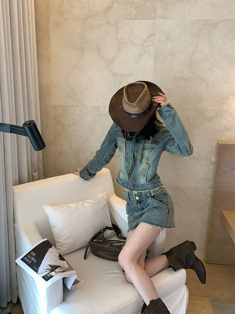 [Punk Girl] 2024 High Street Short Cowboy Jacket Set - American Style