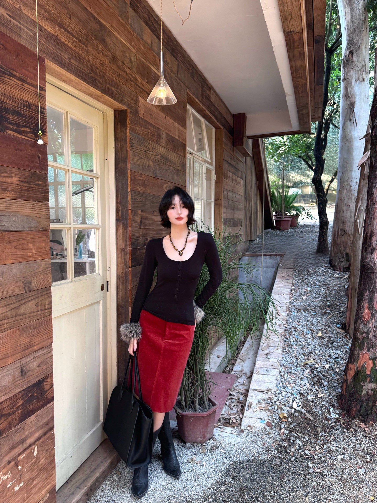 Fur-Cuff Scoop Neck Knit Top
