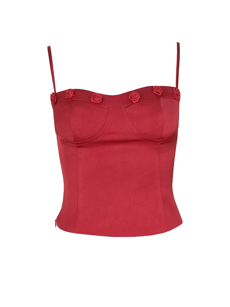 French Retro Rose Satin Sexy Vest