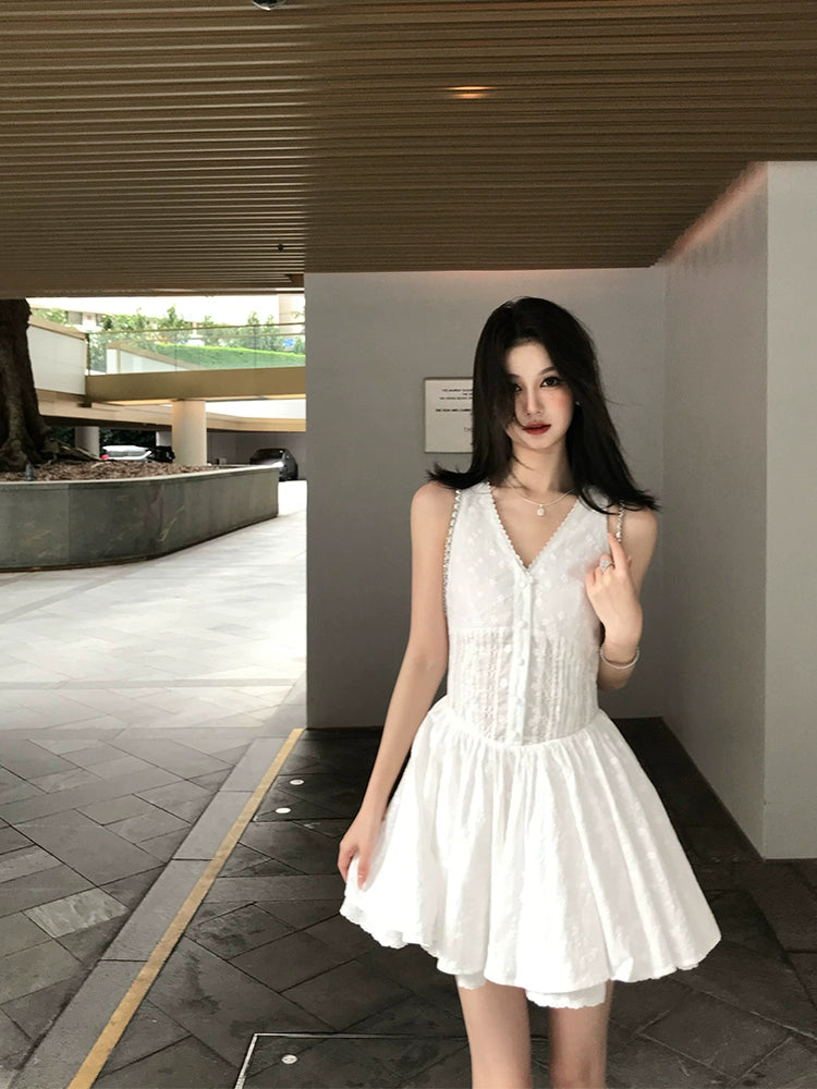 [White Gardenia Appointment] V-Neck Lace Hollow Dress - Summer Perfume Style