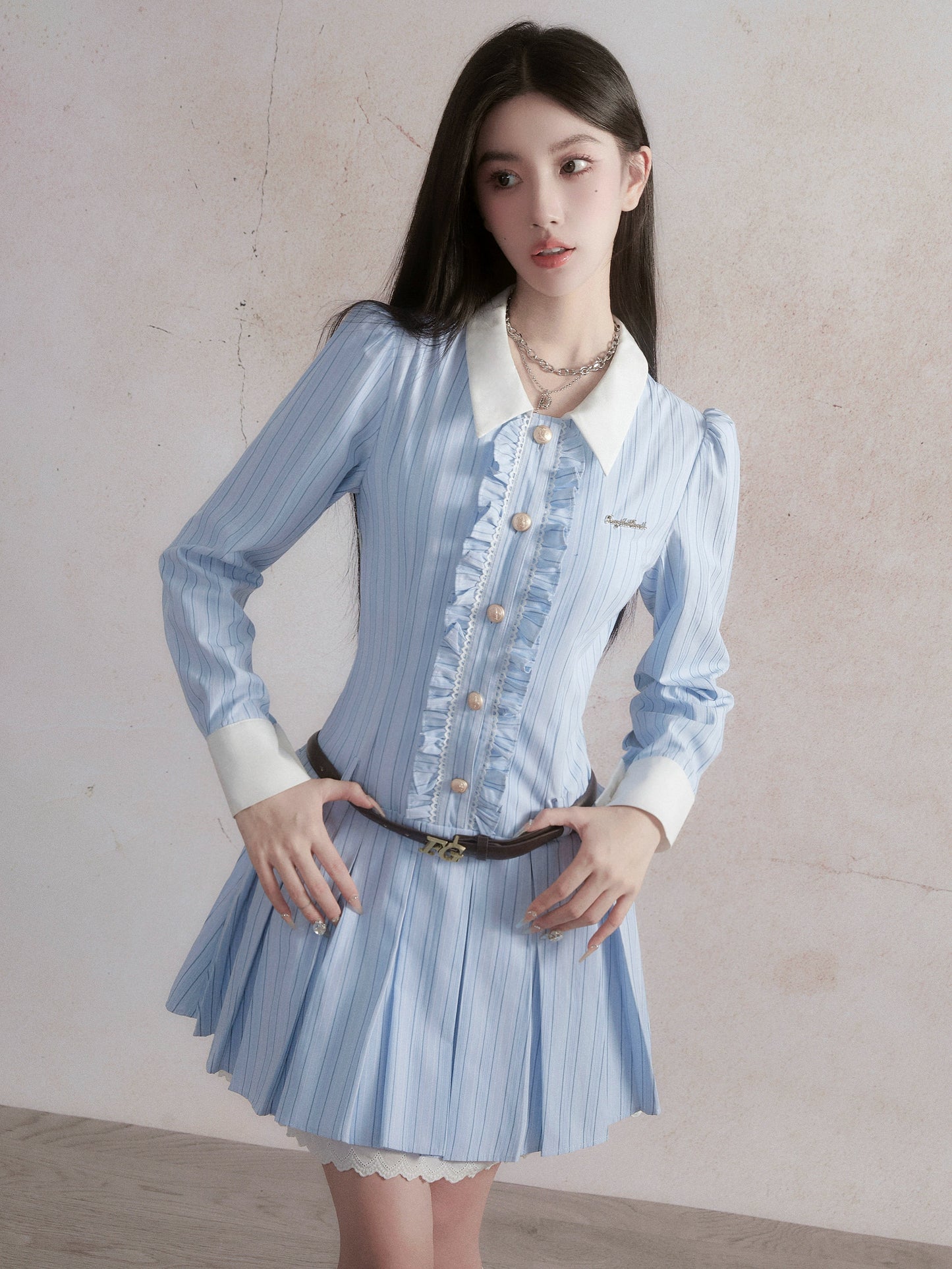 Sweet Academy Style Blue Striped Shirt Dress