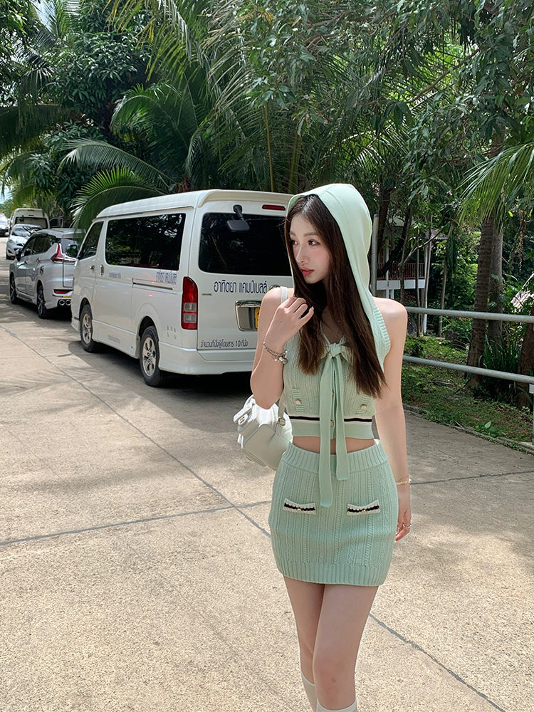 [World Angel] Xiaoxiangfeng Knitted Two-Piece Set - Summer Green Suit