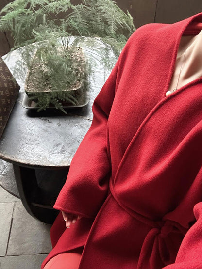 New Chinese Red Cashmere Coat – Elegant Shawl Cloak Tweed Jacket