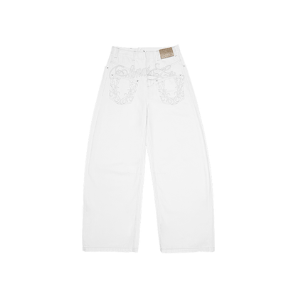 Distressed Mud-Dyed Low-Rise Scimitar Jeans – Wide-Leg Banana Pants