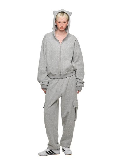 Cat Ear Hoodie Cardigan with Polka Dot Print – Cute and Slim Fit Sweatshirt Jacket