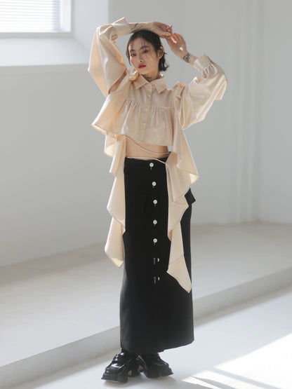 High Waist Panel Contrast Long Split Skirt
