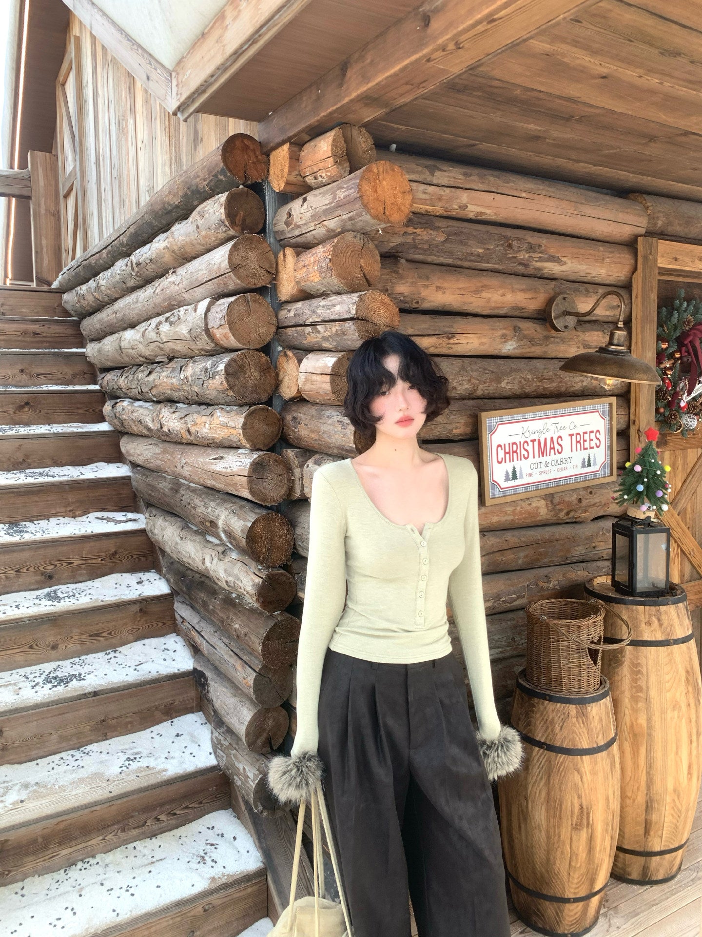 Fur-Cuff Scoop Neck Knit Top