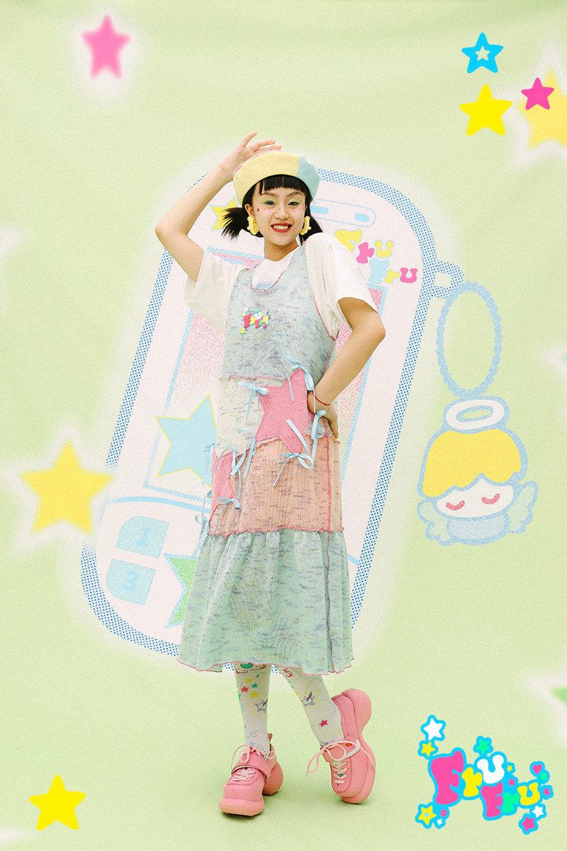 Sky Blue Patchwork Knit Tank Dress | Sweet Y2K Star Mini Dress