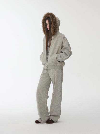 Embroidered Fur Hoodie & Sweatpants Set