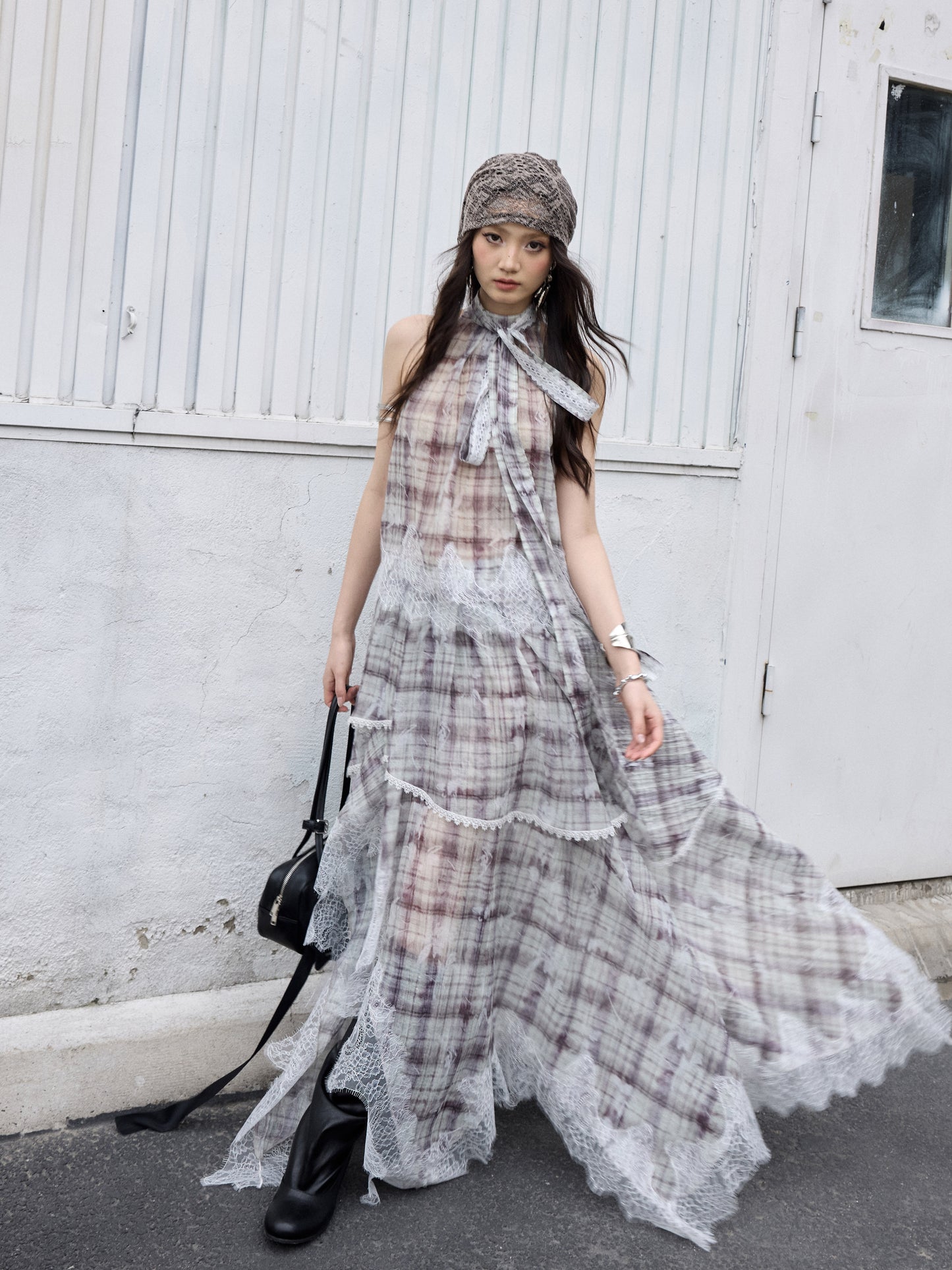 Lace Patchwork Plaid Dress | Bohemian Artist Two-Piece Dress