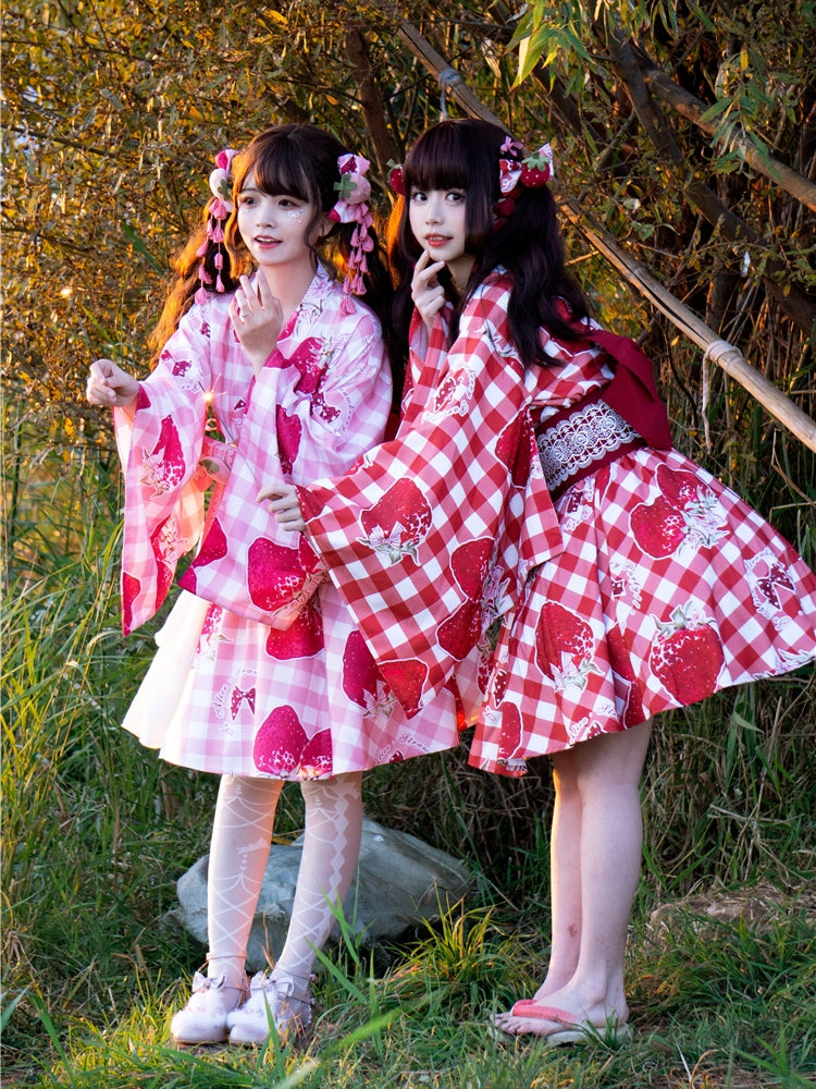 Strawberry Party Plaid Yukata & Cardigan Set