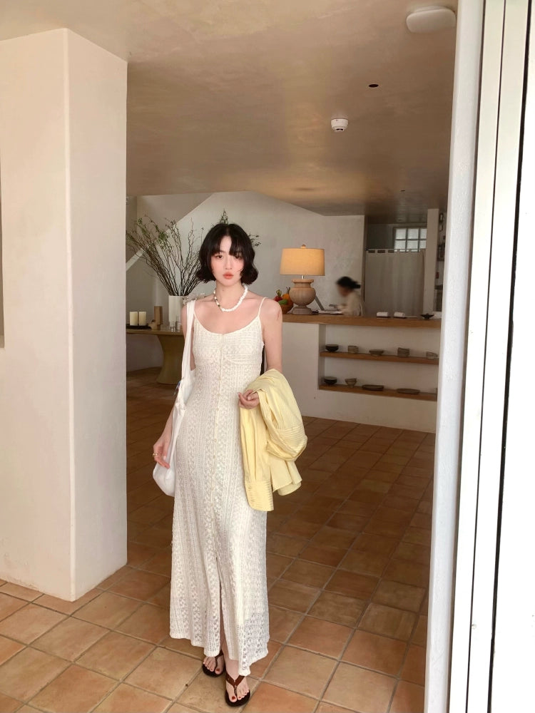 [Peach Blossom Brewing] French Lace Slit Slip Maxi Dress