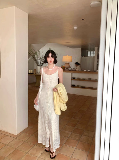 [Peach Blossom Brewing] French Lace Slit Slip Maxi Dress