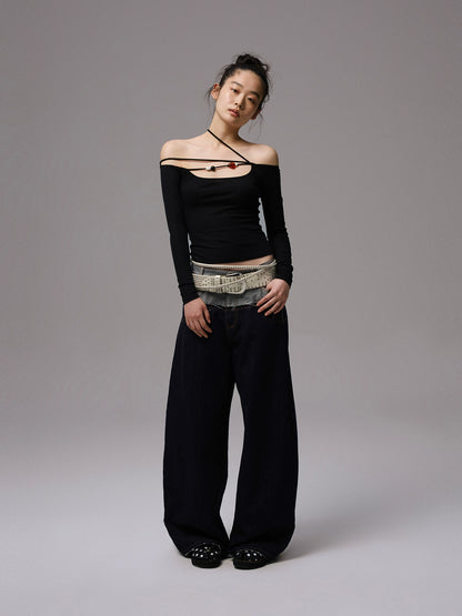 One-Shoulder Beaded Strap T-Shirt – Slim Fit Solid Long Sleeve Top